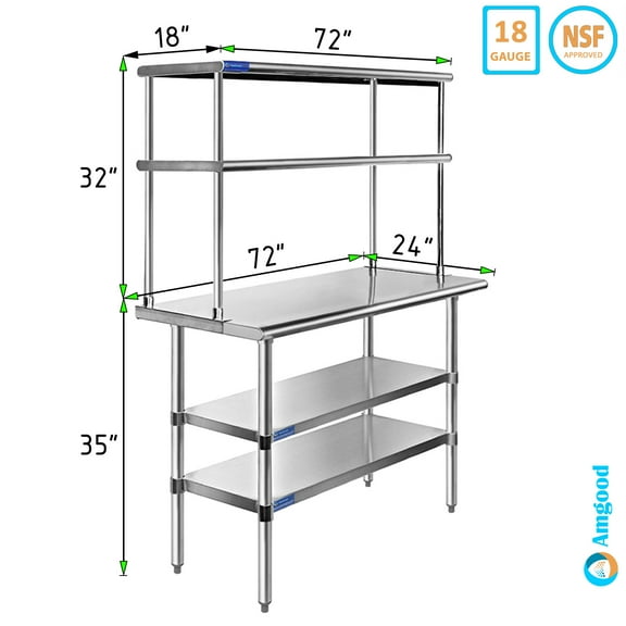 24" x 72" Stainless Steel Work Table With Two Shelves | 18" Wide Double Tier Overshelf | Metal Kitchen Prep Table & Shelving Combo