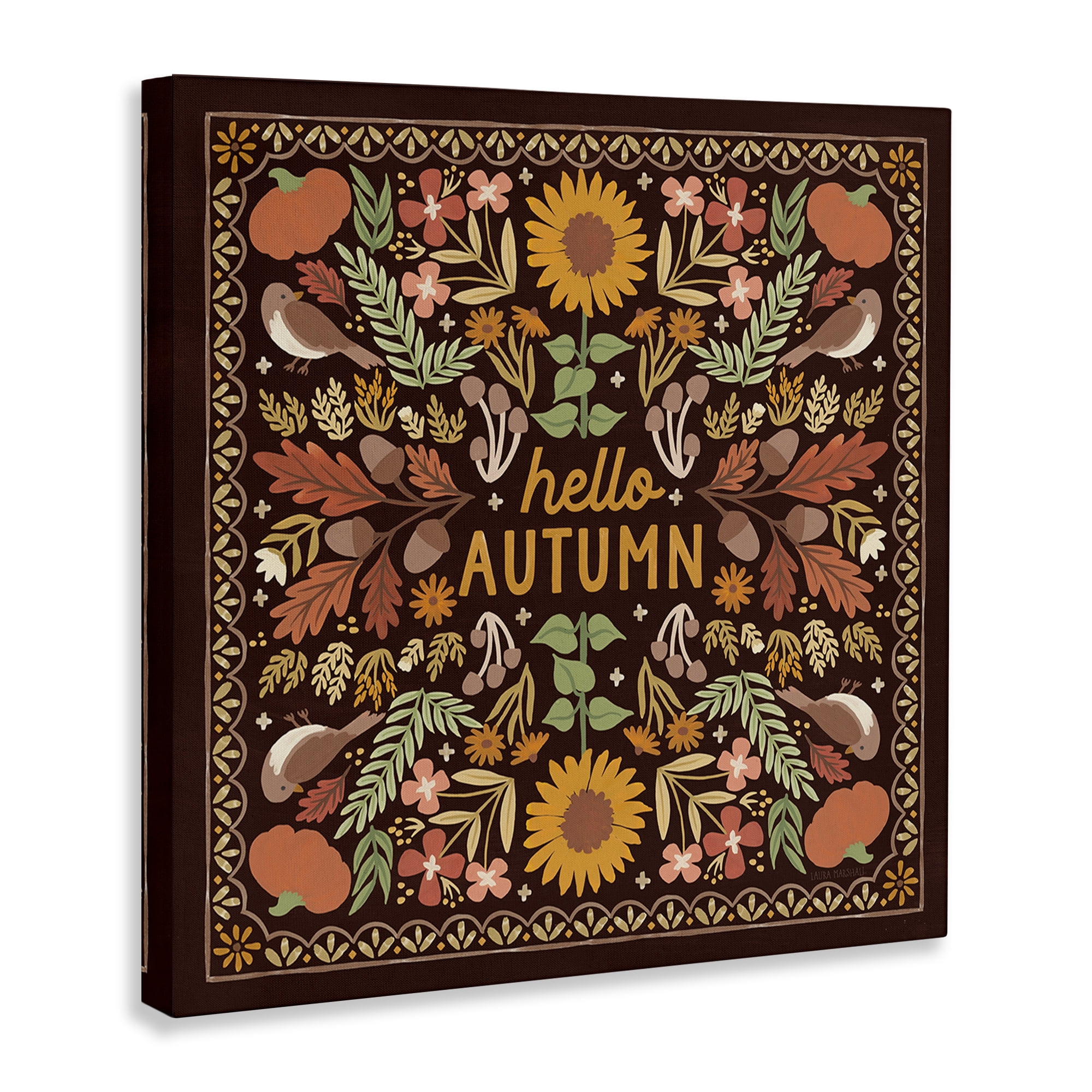 Stupell Industries Hello Autumn on Brown Landscape Painting Gallery Wrapped Canvas Art Print Wall Art, 17 x 17