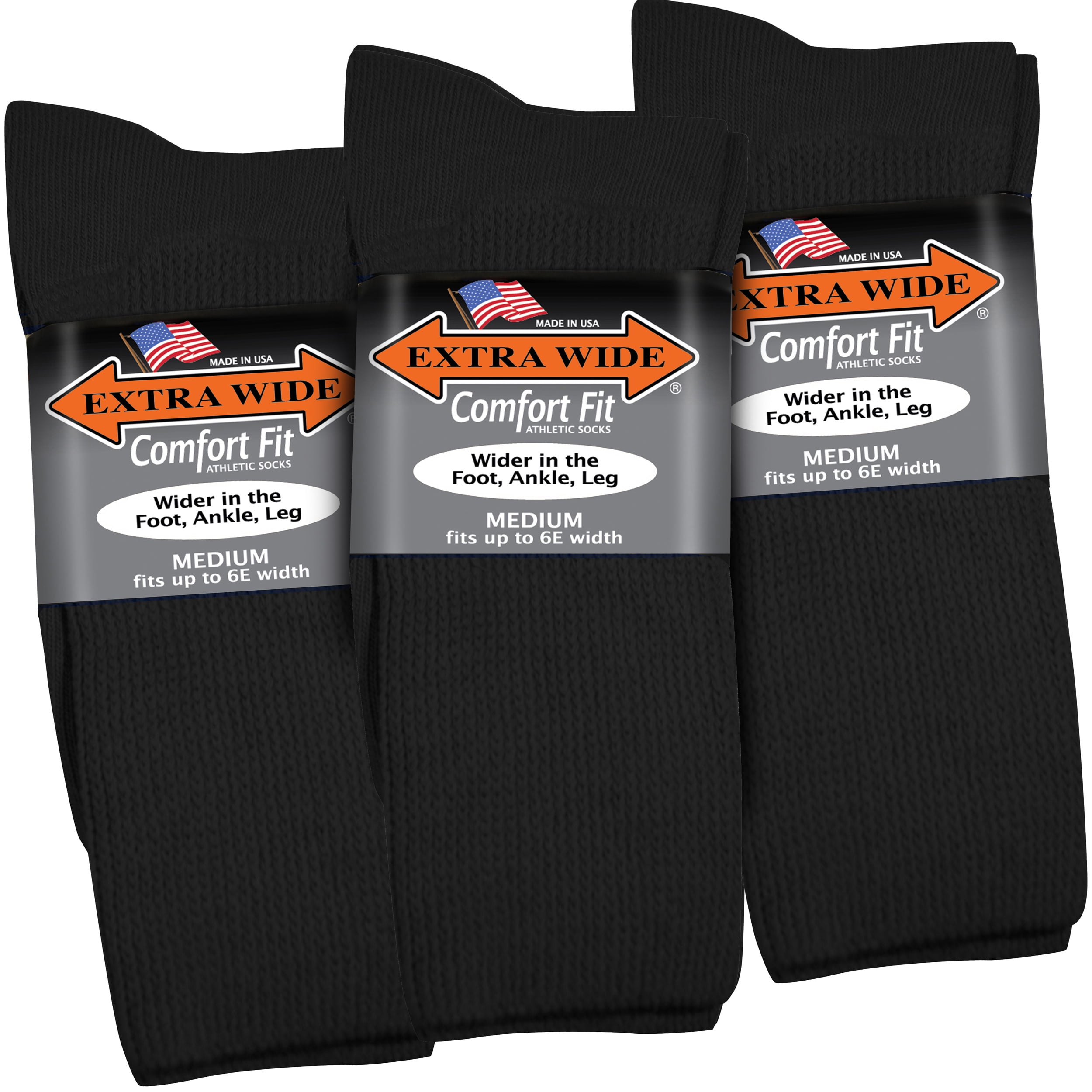 Extra Wide Comfort Fit Athletic Crew (Mid-Calf) Socks for Men - Black -  Size 8.5-11.5 (up to 6E wide) - 3PK
