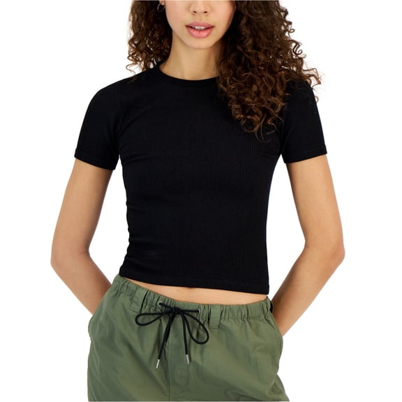 Hippie Rose Womens Ribbed Crew Neck Basic T-Shirt, Black, Juniors, Large