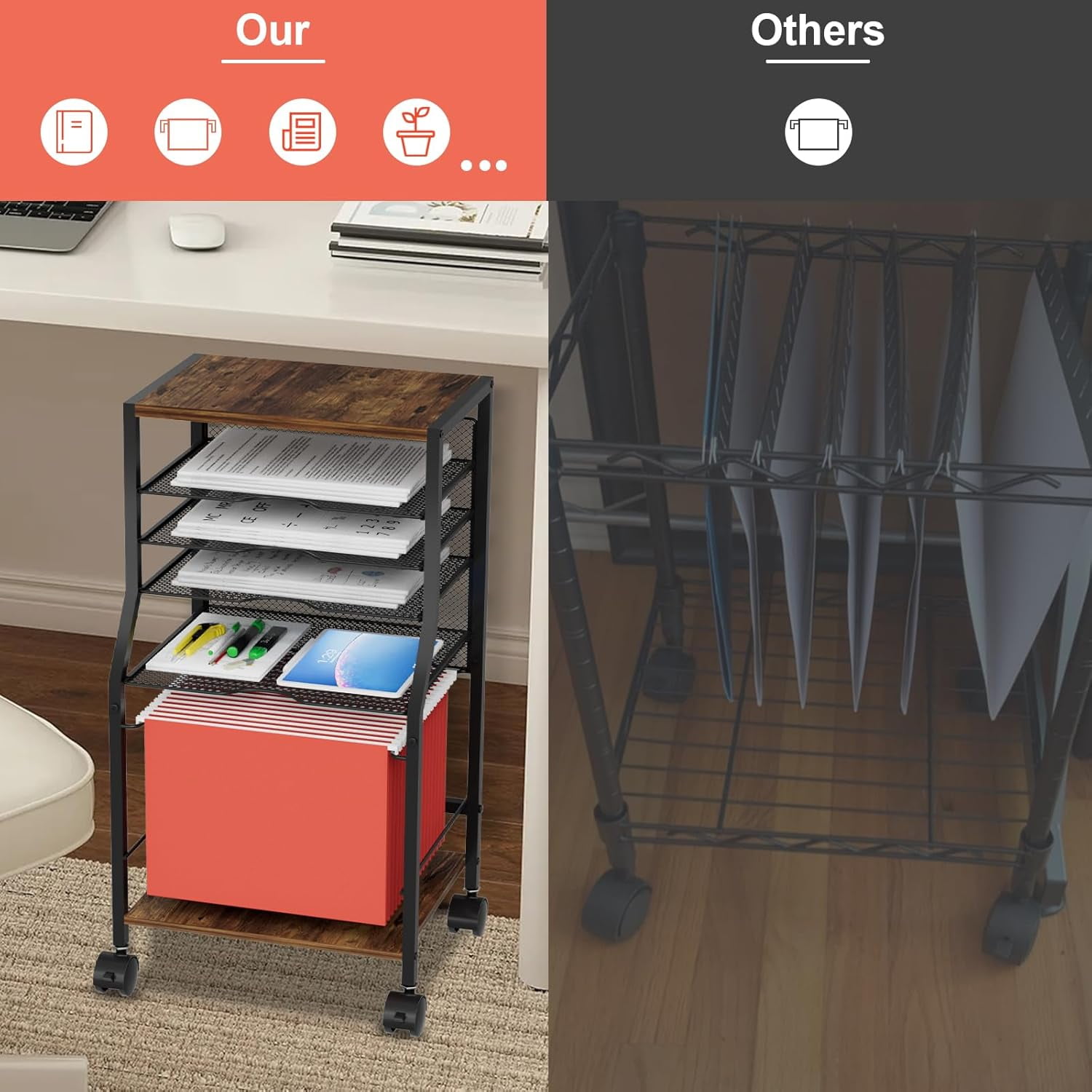 Rolling File Cart, 6 Tiers Under Desk Organizer on Wheels, Wood Planks and Mesh Cart with Hanging File Folders Rack and Paper Trays, Black