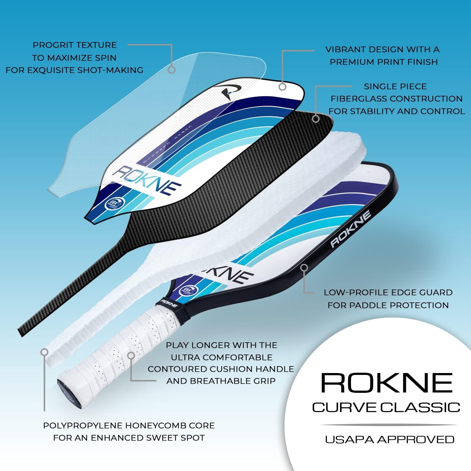 Rokne Curve Classic Fiberglass Pickleball Paddle Long Handle Racket with Pro Grit Texture and Cover, Deep Sea