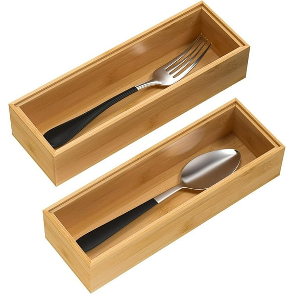 Bamboo Drawer Organizer, Stackable Utensil Organizer for Kitchen, Bamboo Storage Box Wood Silverware Tray for Drawer 15" x 6" x 2" Set of 2