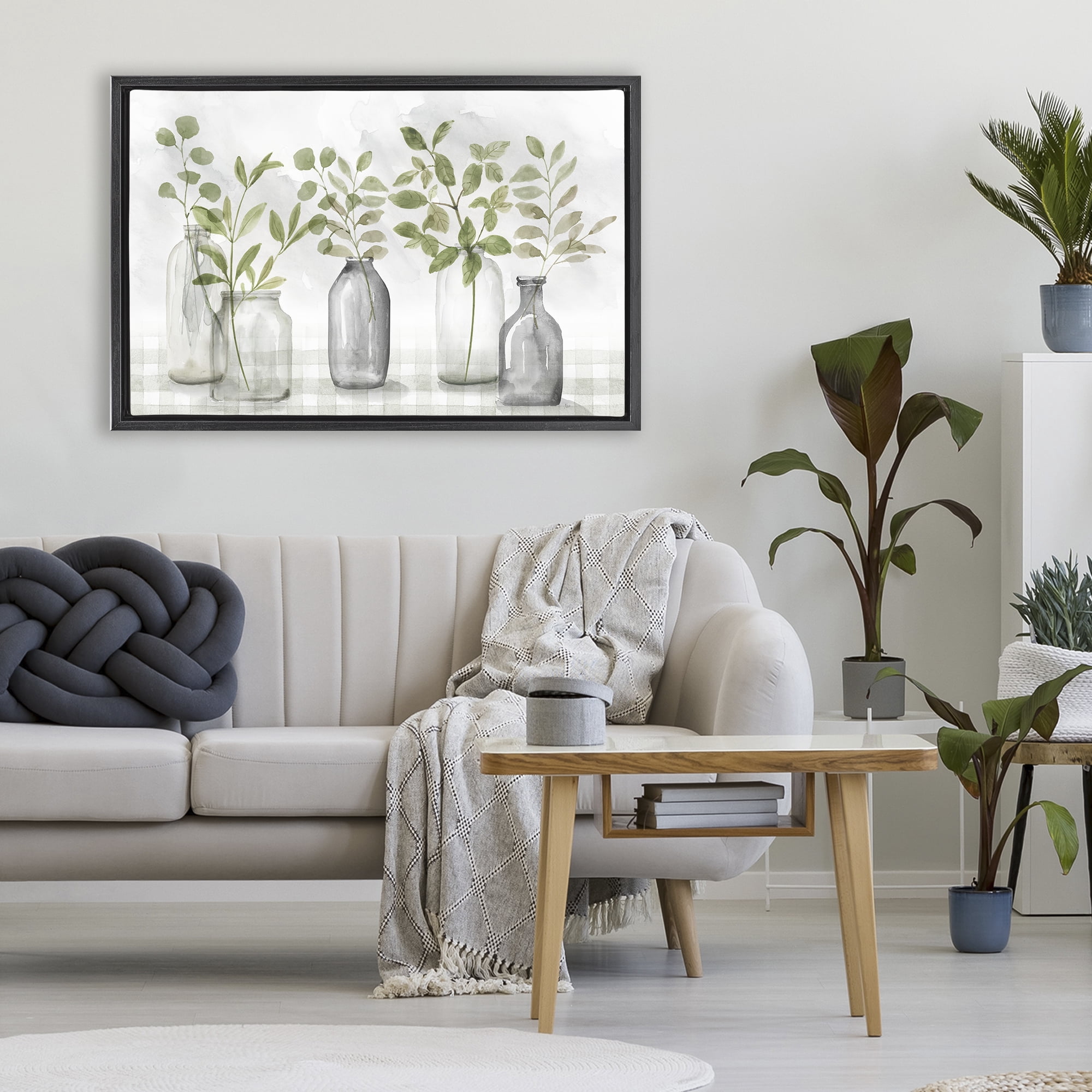 Stupell Industries Greenery Leaves in Vases Black Framed Floater Canvas Wall Art, design by Nan