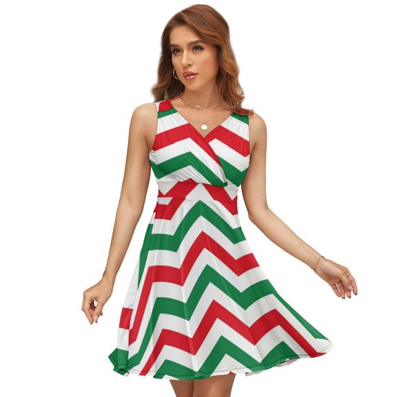 Christmas Chevron Pattern Green, Red And White Christmas Dress Summer Street Style Dresses Female Sleeveless Printed Sundress