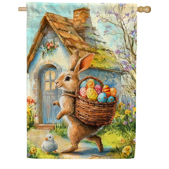 America Forever Easter Bunny Cottage House Flag, 28 x 40 inch Double Sided, Rabbit Basket Chick, Spring Storybook Fairytale, Traditional Flag