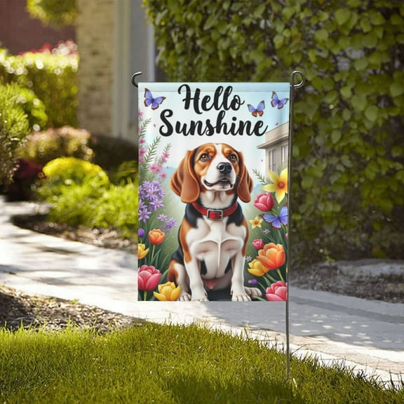 Hello Sunshine Beagle Garden Flag 12x18 Inch Double Sided Spring Summer Floral Dog Yard Flag Outdoor Decoration Butterflies Tulips Small Yard Farmhouse Patriotic Holiday Gifts