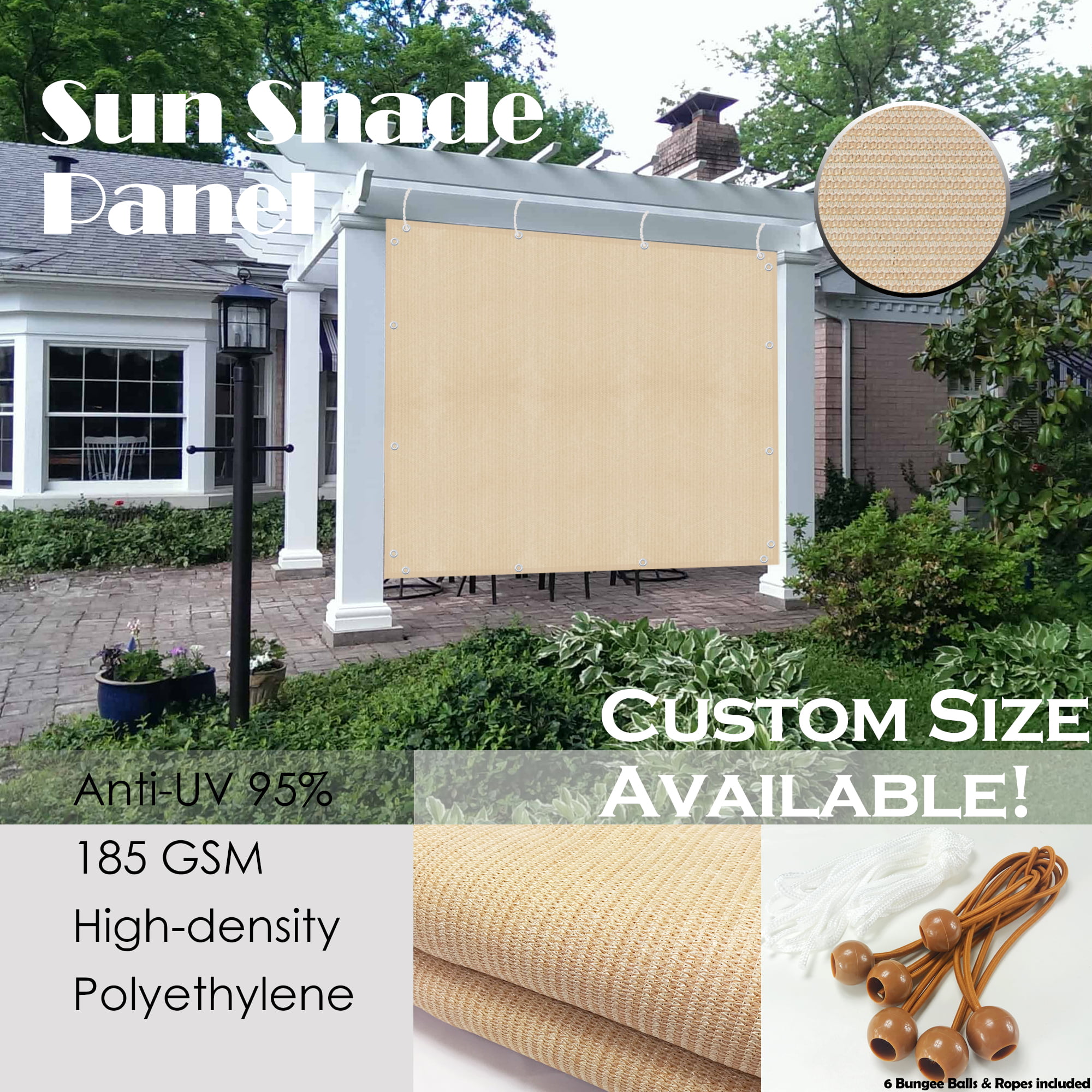 Windscreen4less 12’ x 12’ Universal Replacement Shade Cover Canopy for Pergola Patio Porch Privacy Shade Screen Panel with Grommets on 2 Sides Includes Weighted Rods Breathable UV Block Beige Tan 