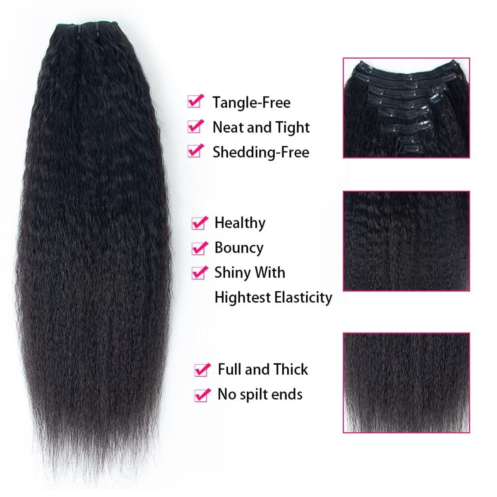 Kinky Straight Clip In Hair Extensions Human Hair Clip In Extensions for Black Women #1B Natural Hair Black Kinky Yaki Straight Clip In Brazilian Virgin Human Hair 8Pcs
