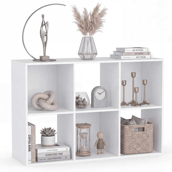 6-Cube Storage Organizer, Open Bookshelf with 3 Removable Back Panels, White Wood Bookcase for the Living Room, Bedroom, and Home Office