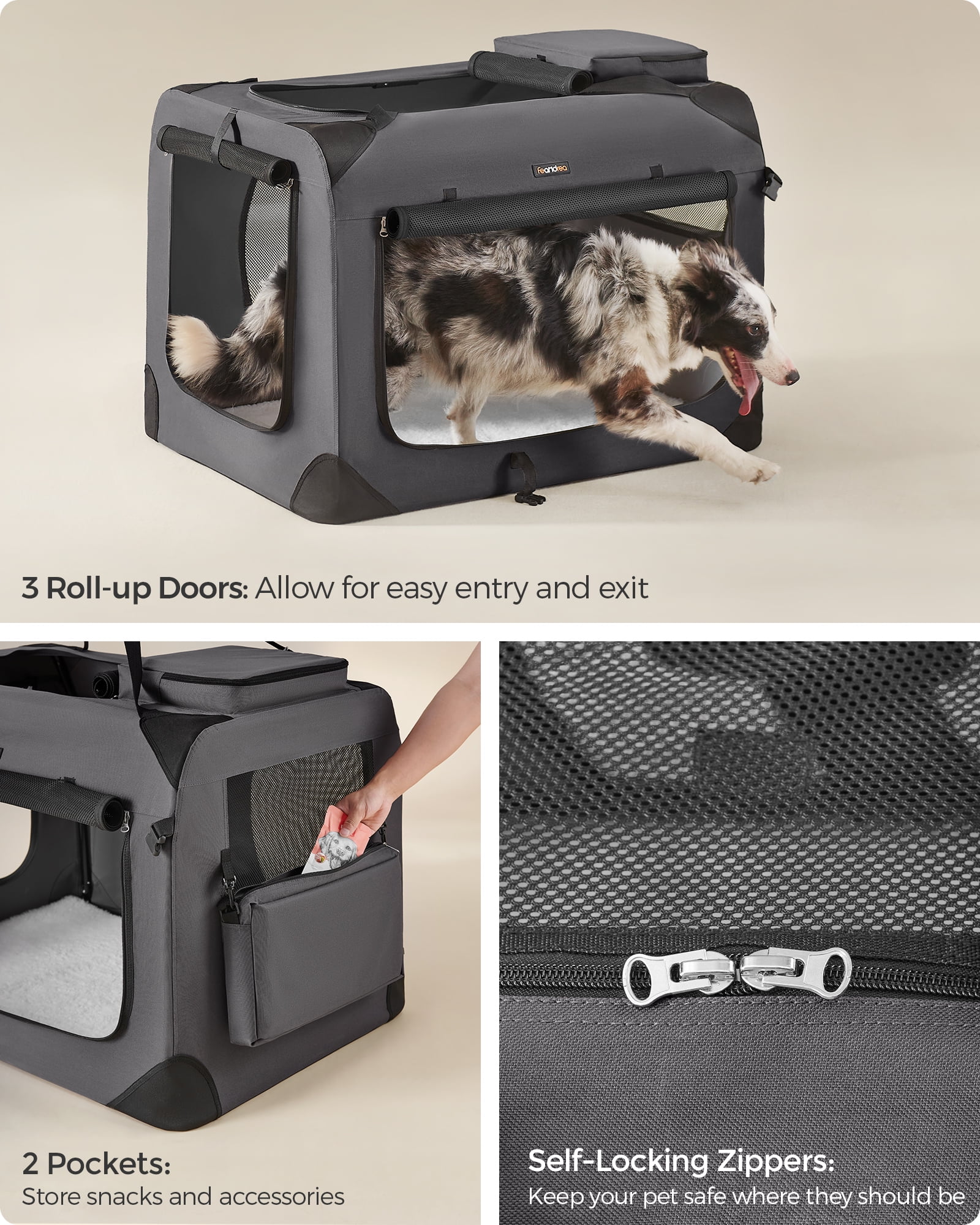 36 Inches Collapsible Soft Dog Crate, Portable Travel Dog Crate for Indoor and Outdoor Use, Dog Carrier Kennel with Safety Zippers, for Living Room, Car, Travelling, Gray