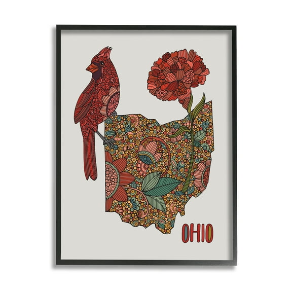 Stupell Industries Ohio State Carnation Blossom Intricate Floral Cardinal Graphic Art Black Framed Art Print Wall Art, Design by Valentina Harper