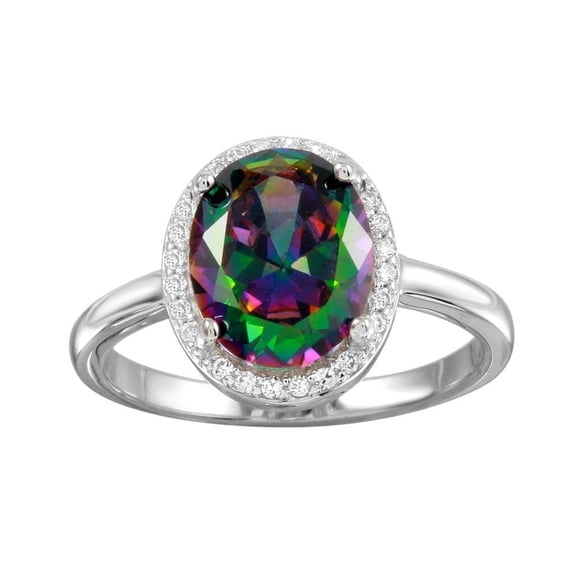Rhodium Plated 925 Sterling Silver Oval Halo Mystic Simulated Topaz Ring Black CZ Female Size 6