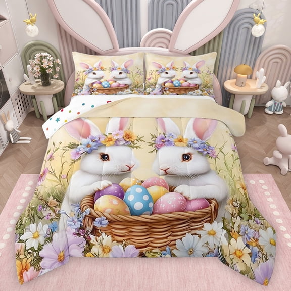 Feelyou Kawaii Rabbit Bunnies Bedding Comforter Set, Cartoon Eggs Twin Comforter Sets, Happy Western Easter Reversible Bedding Set, Ultra Soft Bedroom Decor, 2pcs
