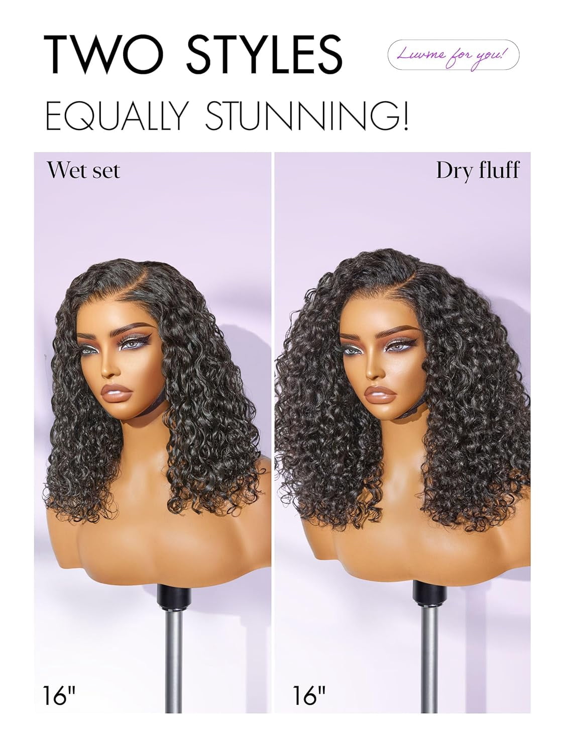 LUVME Deep Wave Glueless HD Lace 100% Human Hair Short Wigs 16" Pre Cut Plucked Natural Color Side Part Black