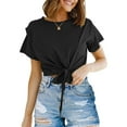 thumbnail image 2 of RYRJJ Womens Cropped T Shirts Casual Short Sleeve Tie Front Tops Crew Neck Summer Solid Crop Top T-Shirt(Black,L), 2 of 7