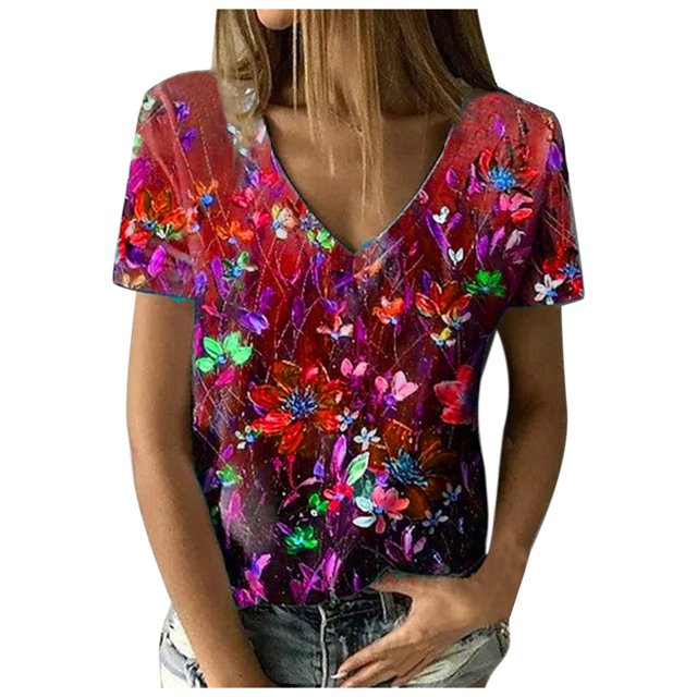 Blusa de camiseta informal con estampado de manga corta y cuello en V de verano para mujer a la moda Fridja hjk4419