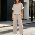 thumbnail image 4 of Mifsaly Comfy Lounge Sets for Women Casual Short Sleeve Crewneck T-Shirt and High Waisted Wide Leg Sweatpants Outdoor Travel Vacation Loungewear Beige,L, 4 of 7