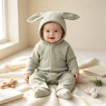 thumbnail image 2 of JIAYUE Baby Waffle Ribbed Jumpsuit Long Sleeve Hooded Bunny Ear Dots Print Full Snap Romper for Holiday Party, 2 of 7