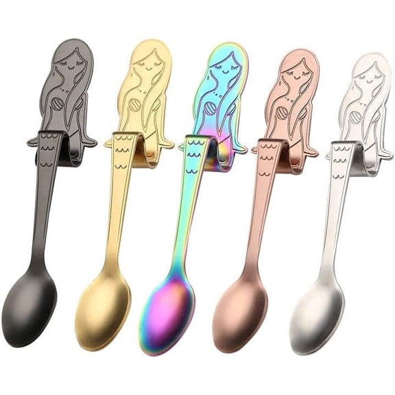 COMIART Stainless Steel Hanging Coffee Teaspoon Set, Cute Mermaid Mixing Stiring Scoop for Household Use Party or Bar, Prefectly as Mug Spoons and Travel Utensil, Pack of 5 Multi Color