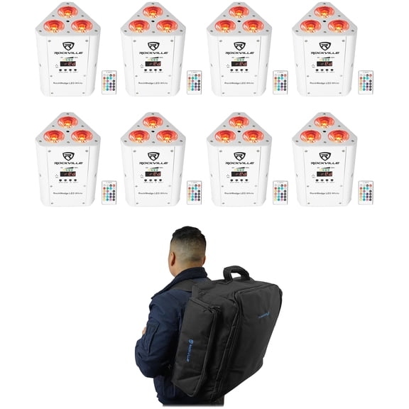 (8) Rockville RockWedge LED RGBWA UV White Wireless DMX Battery Lights Backpack