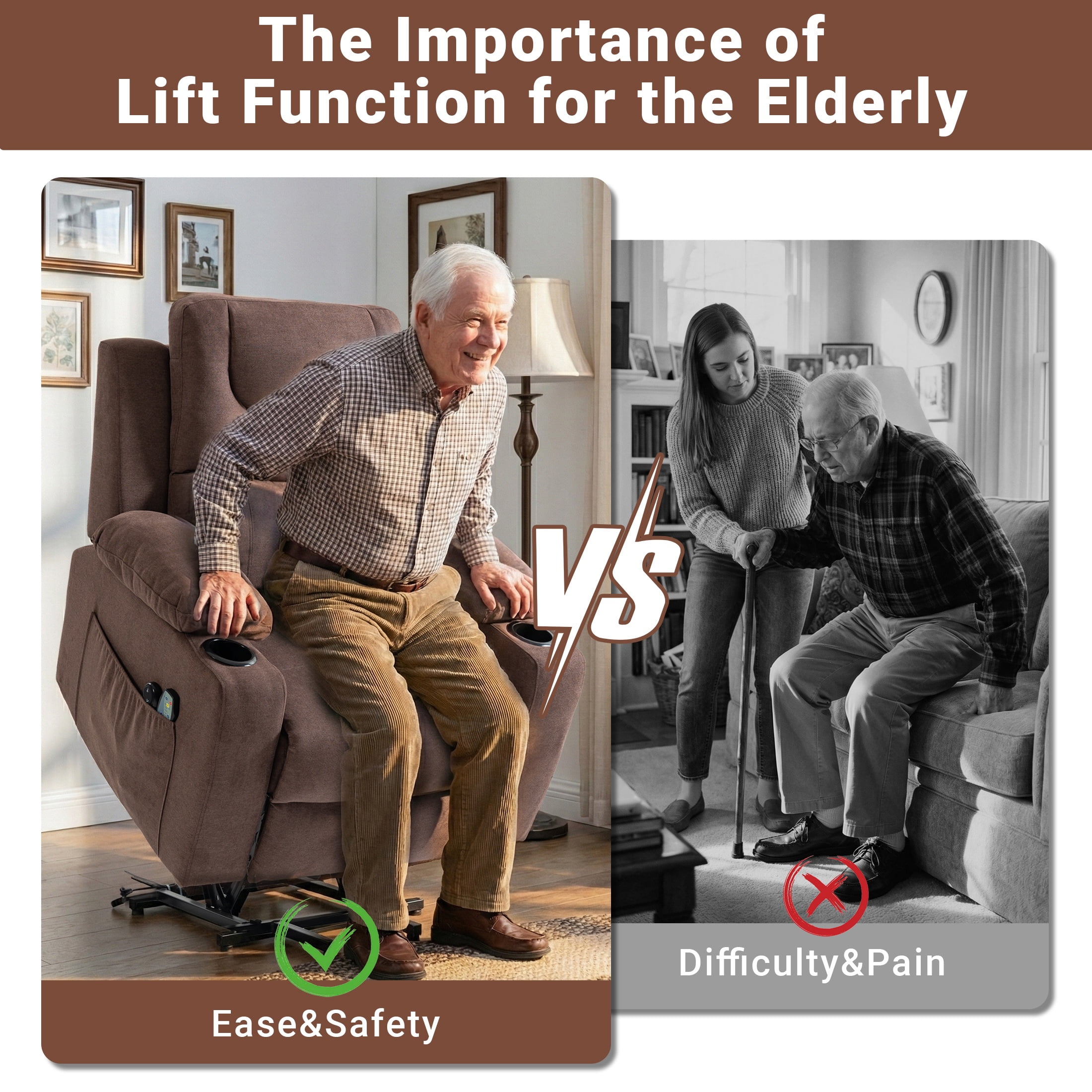 HSUNNS Power Lift Recliner Chair for Elderly, Electric Lift Chair with Heat & Massage, Infinite Position Reclining Sofa with Side Pocket for Living Room, Brown