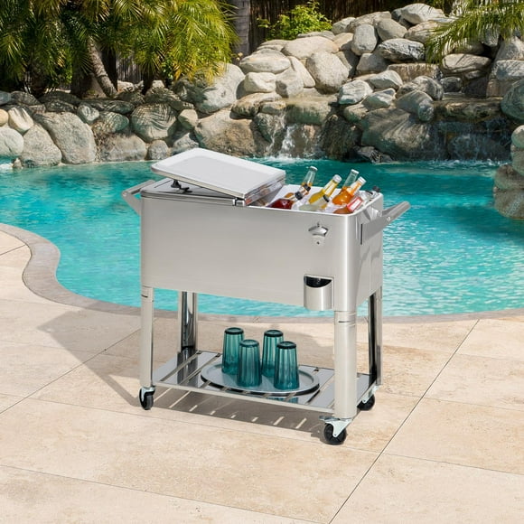 Sunjoy 80 Quart Patio Cooler Cart Stainless Steel Rolling Ice Chest With Steel Bottle Opener, Shelf And Lockable Wheels