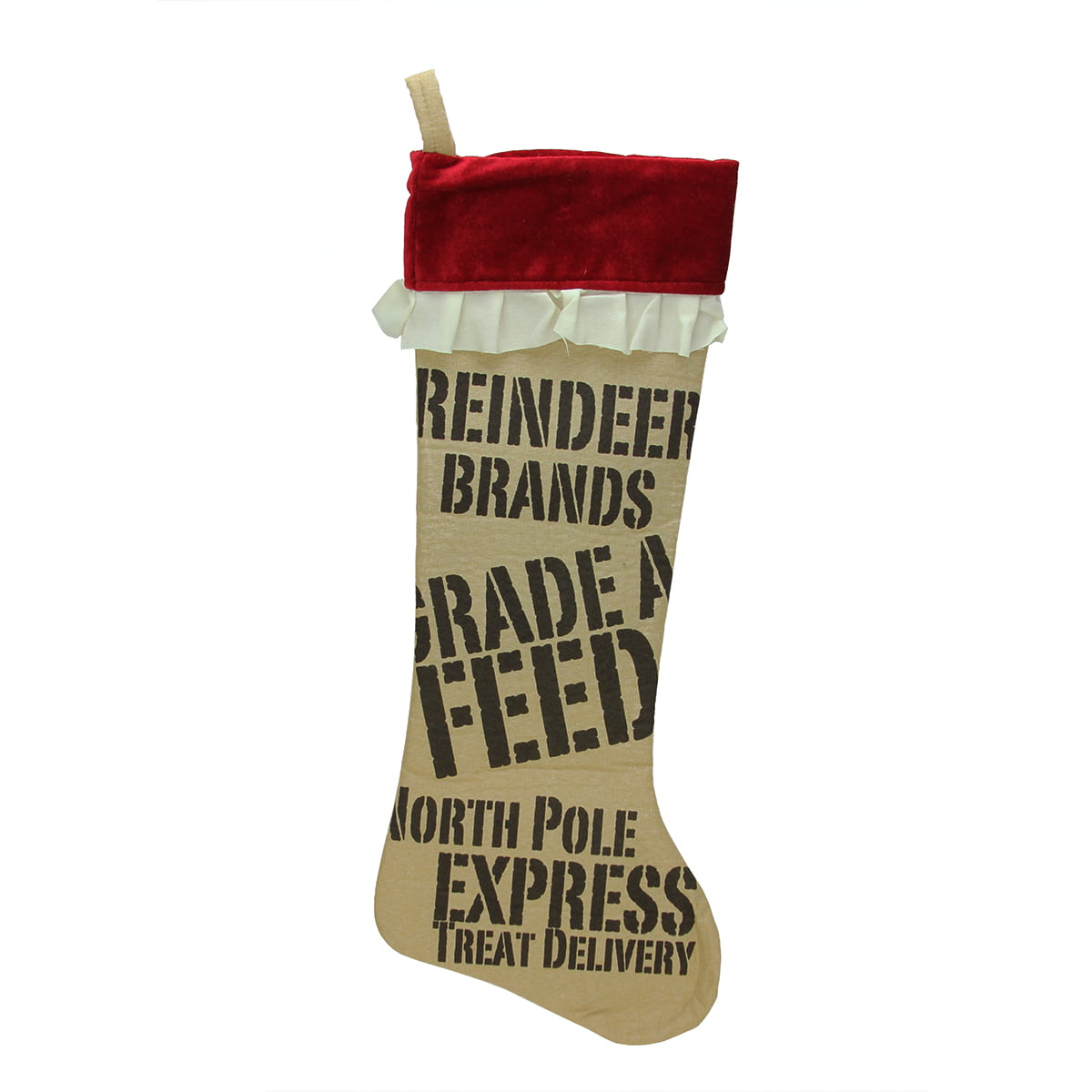 24" Beige and Red Reindeer Feed Sack Christmas Stocking