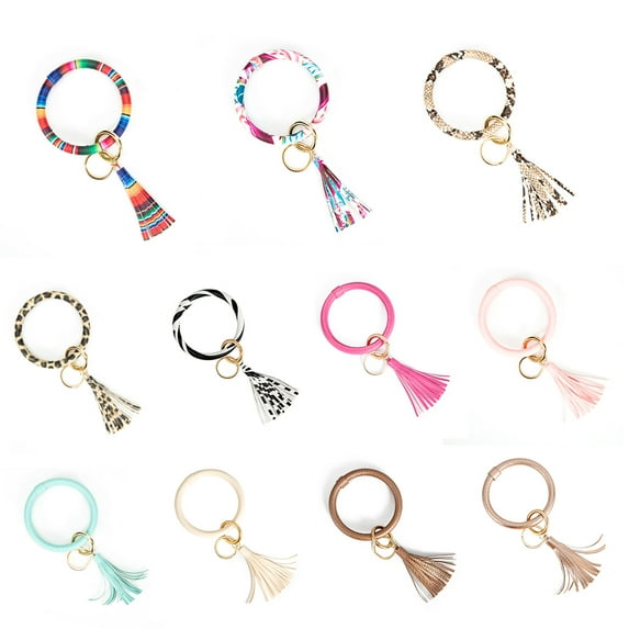 Kasmotion Leather Keychain Bracelet Leopard Snake Leather Fashion Boho Keyring Round Unique Floral Keychain with Tassel
