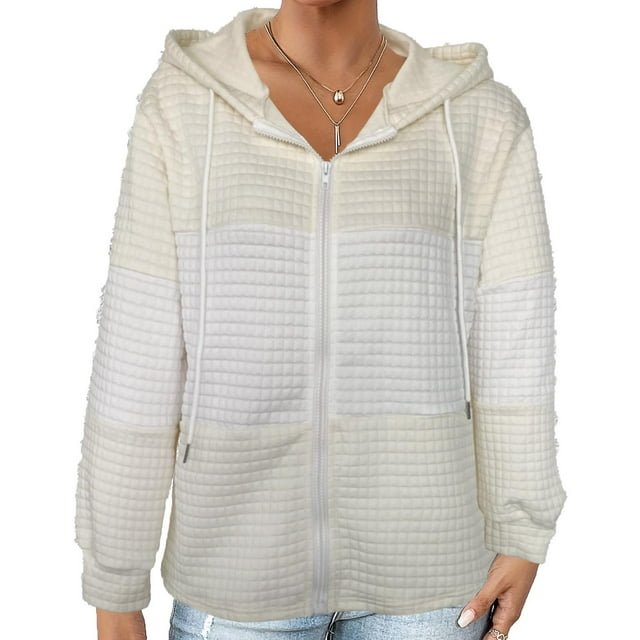 Lovzfmll Chandail à Capuchon Colorblock pour Femme, Manches Tombantes Chandail Décontracté Beige, P