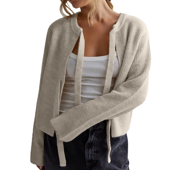 VISALY Cropped Cardigan Open Front Cardigan Tie Front Cropped Cardigan Sweaters for Women Crew Neck Long Sleeve Knit Bow Tie Trendy Sweater Tops Chunky Cardigan Sweaters Cardigan Sweaters Beige L