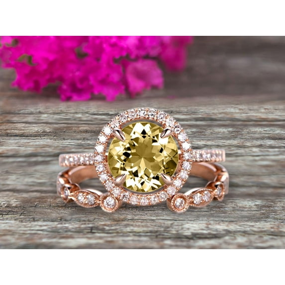 2.25 Carat 6mm Round Cut Champagne Diamond Moissanite 10k Rose Gold Wedding Set Half Eternity Ring Art Deco Stacking Band Engagement Ring Anniversary Gift Halo Milgrain