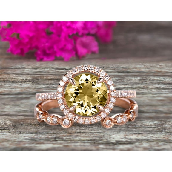 2.25 Carat 6mm Round Cut Champagne Diamond Moissanite 10k Rose Gold Wedding Set Half Eternity Ring Art Deco Stacking Band Engagement Ring Anniversary Gift Halo Milgrain