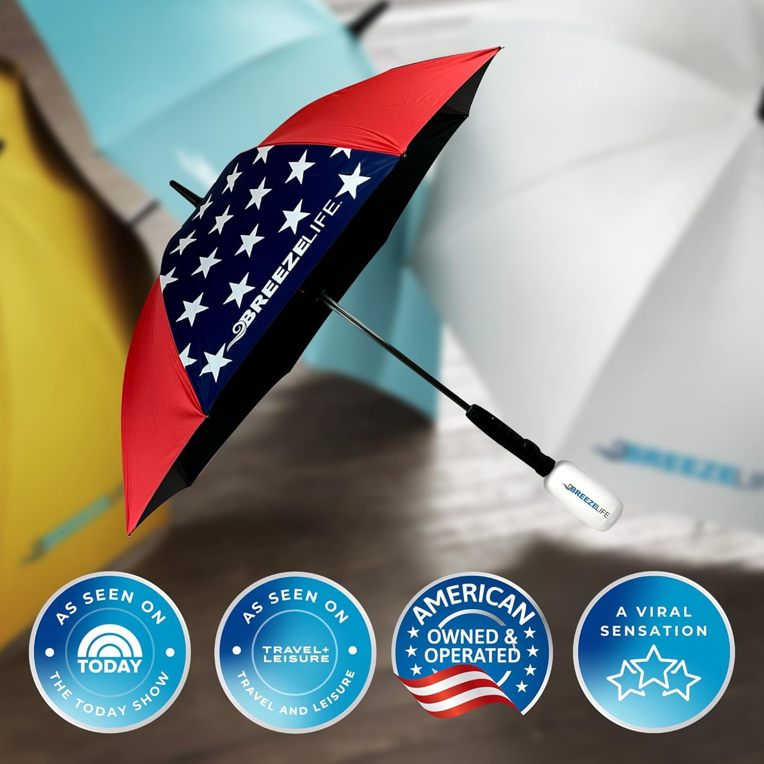 BREEZE LIFE Golf Umbrella with Fan and Mister. Portable misting and shade that blocks 99.9% of UVA and UVB rays UV sun protection and cooling at festivals, beach, and sporting events. (American Flag)