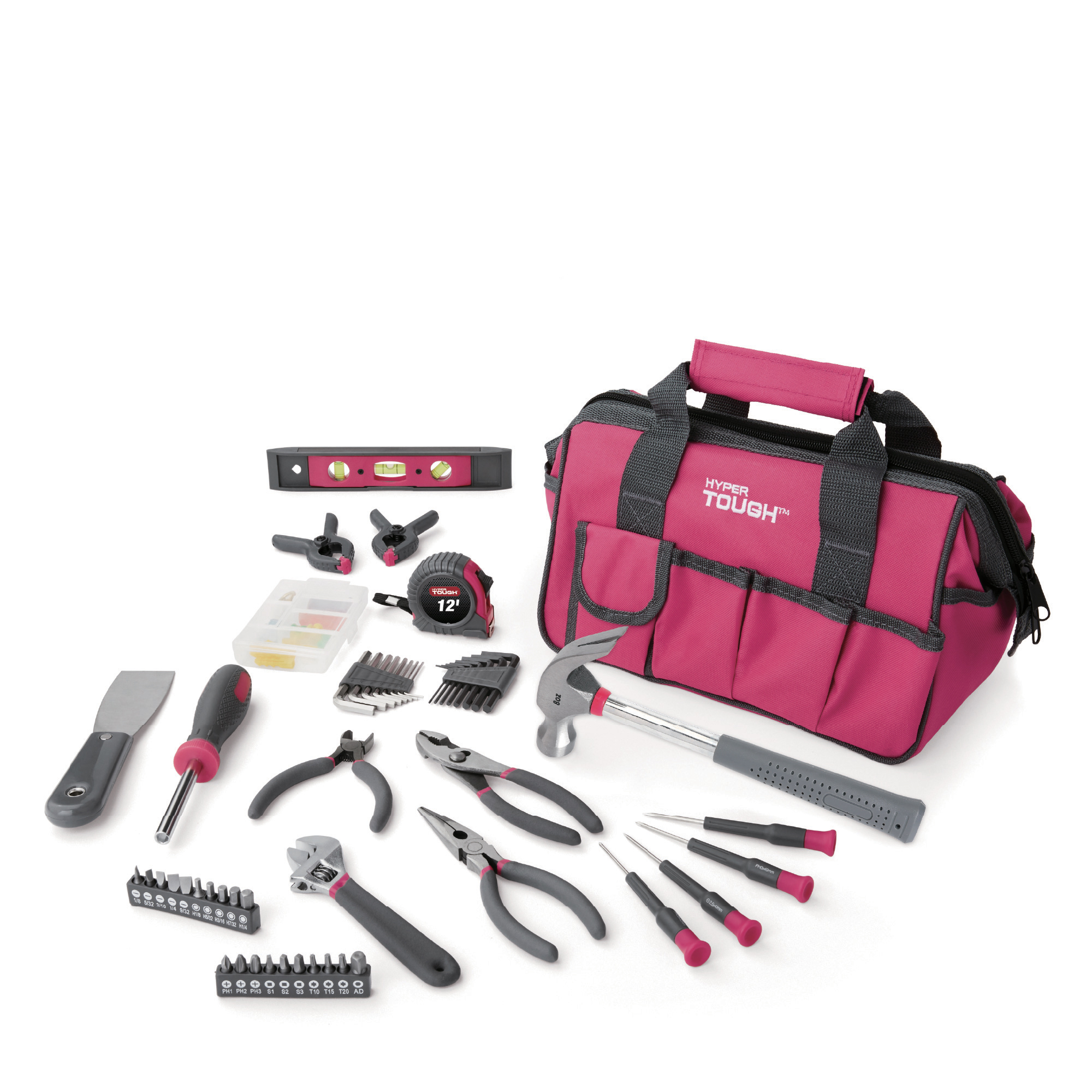 Hyper Tough 89-Piece Household Tool Set 12-Pocket Tool Bag, Pink