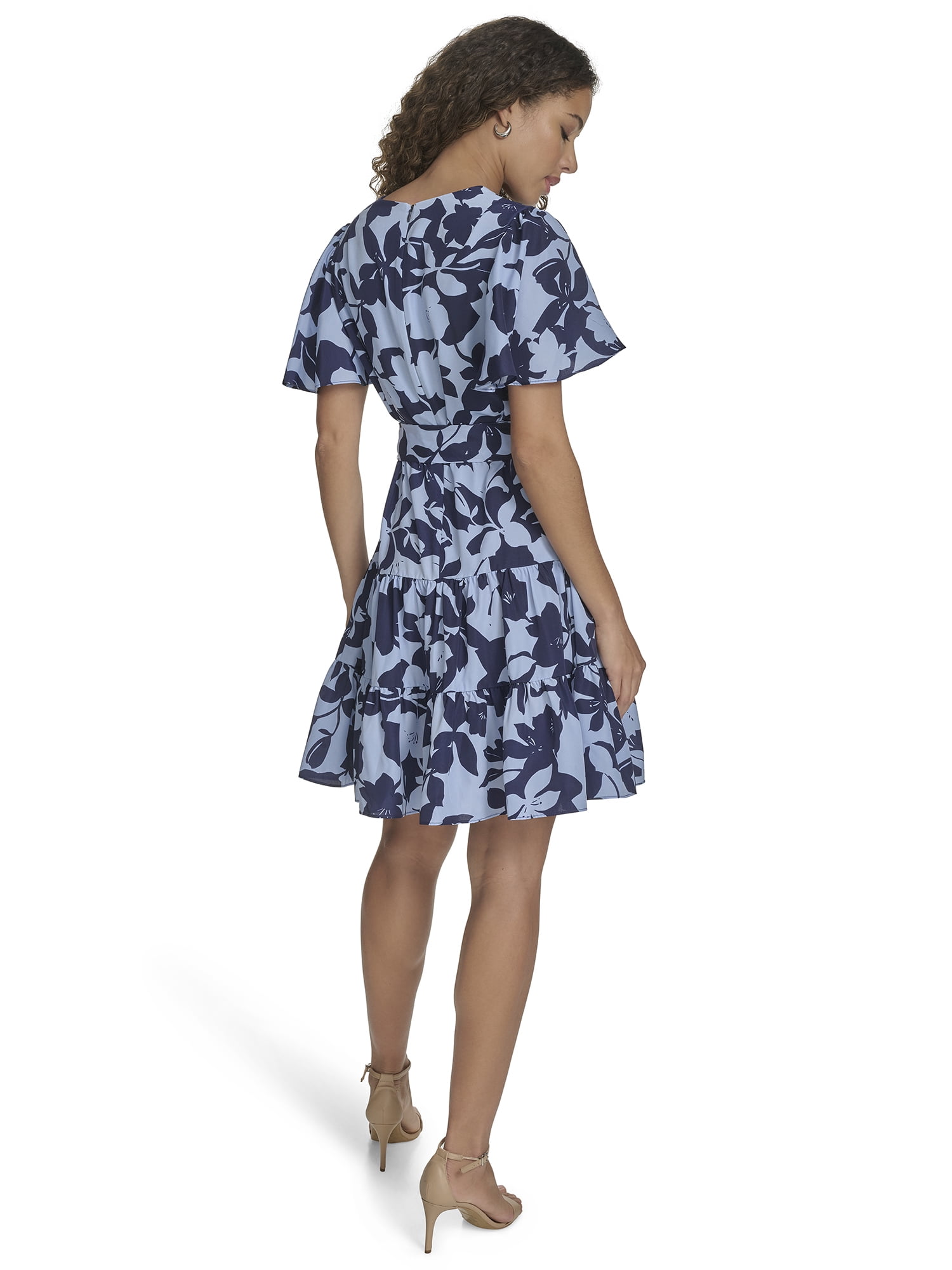 Falling Flowers Women's Floral V-Neck Flutter Sleeve Fit & Flare Dress, Sizes XS-XL