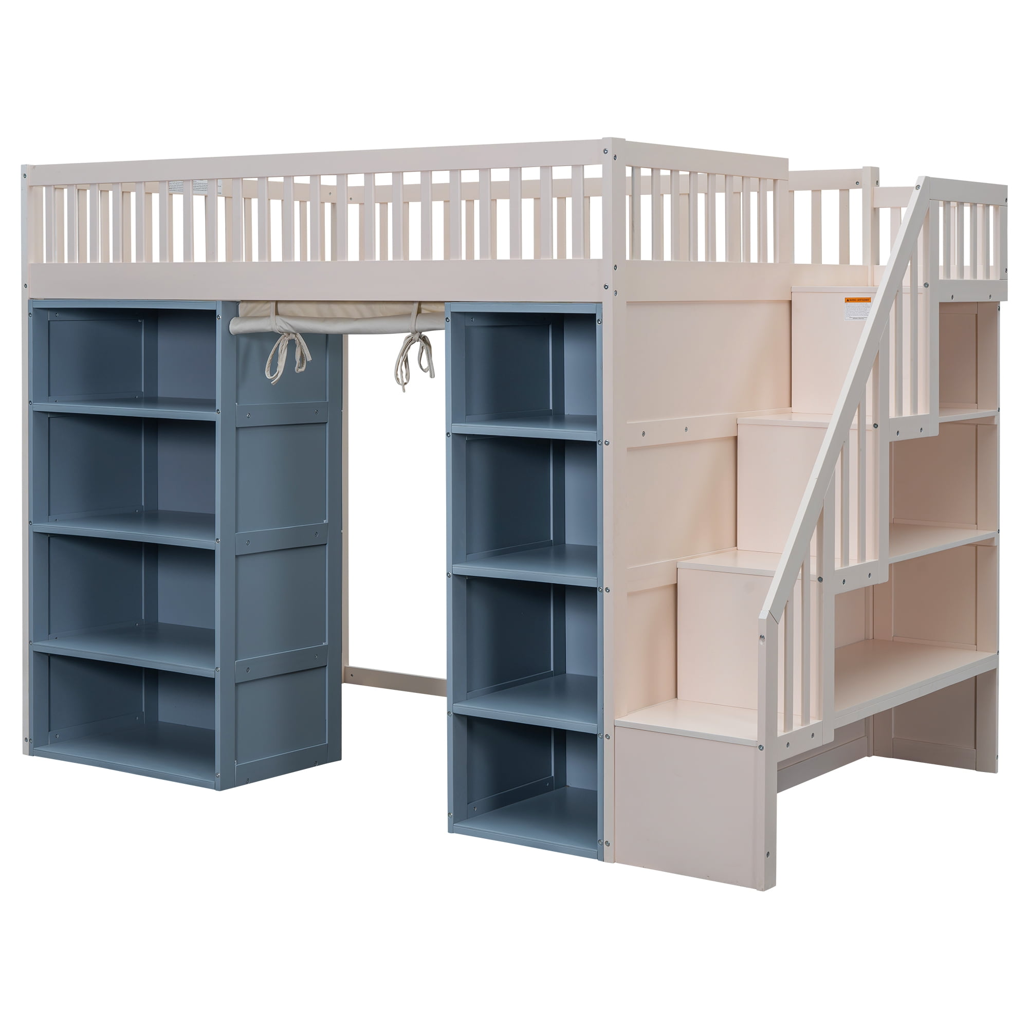 Euroco Wood Full Size Loft Bed with 2 Shelves and Storage Staircase, Curtain and Cabinetsfor Kids Teens