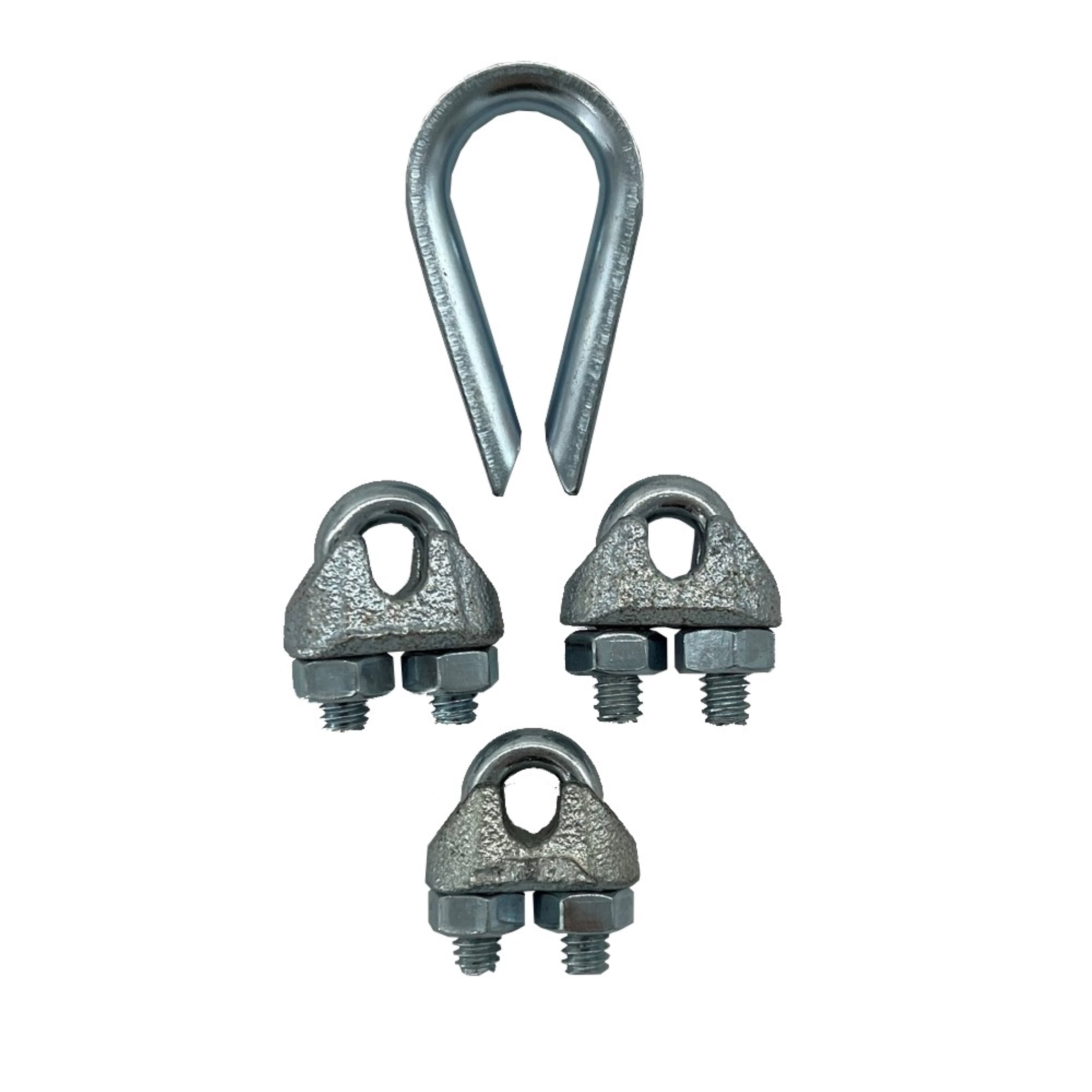 (5 pack) 3/16" Wire Rope Thimble & Clip Set, Steel, Zinc-Plated, Peerless Chain Company, #4718738, 1 Thimble, 3 Clips