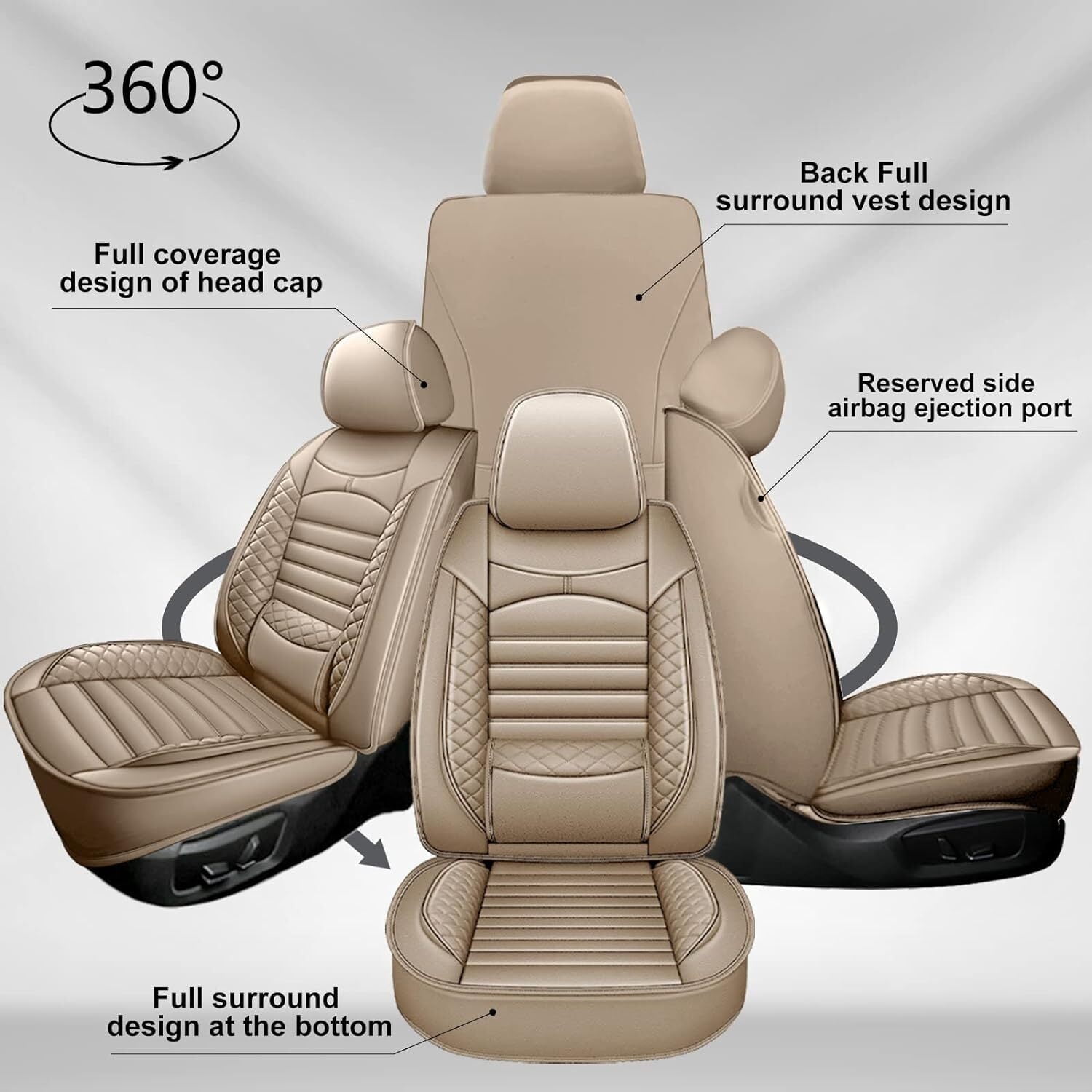 AOMSAZTO Fit for Ford C-Max Hybrid 2013-2018 Beige Car Seat Cover 5-seat Faux Leather Full Set Compatible Airbag
