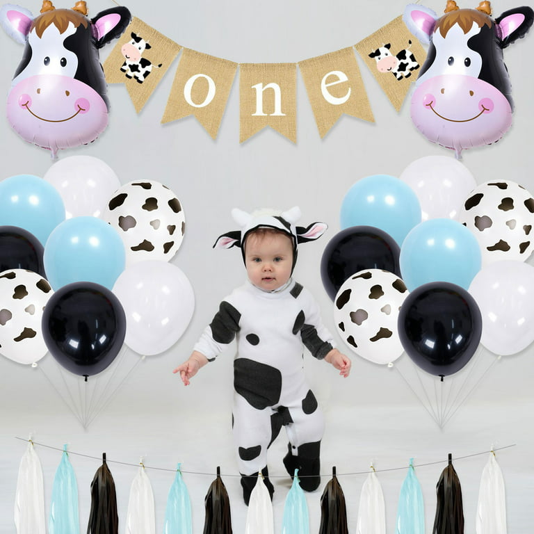 Cow First Birthday Party Decorations, 1st Birthday Boy Decoration Blue Party Supplies Include One Banner, Cow Printed Latex Balloons Kit First