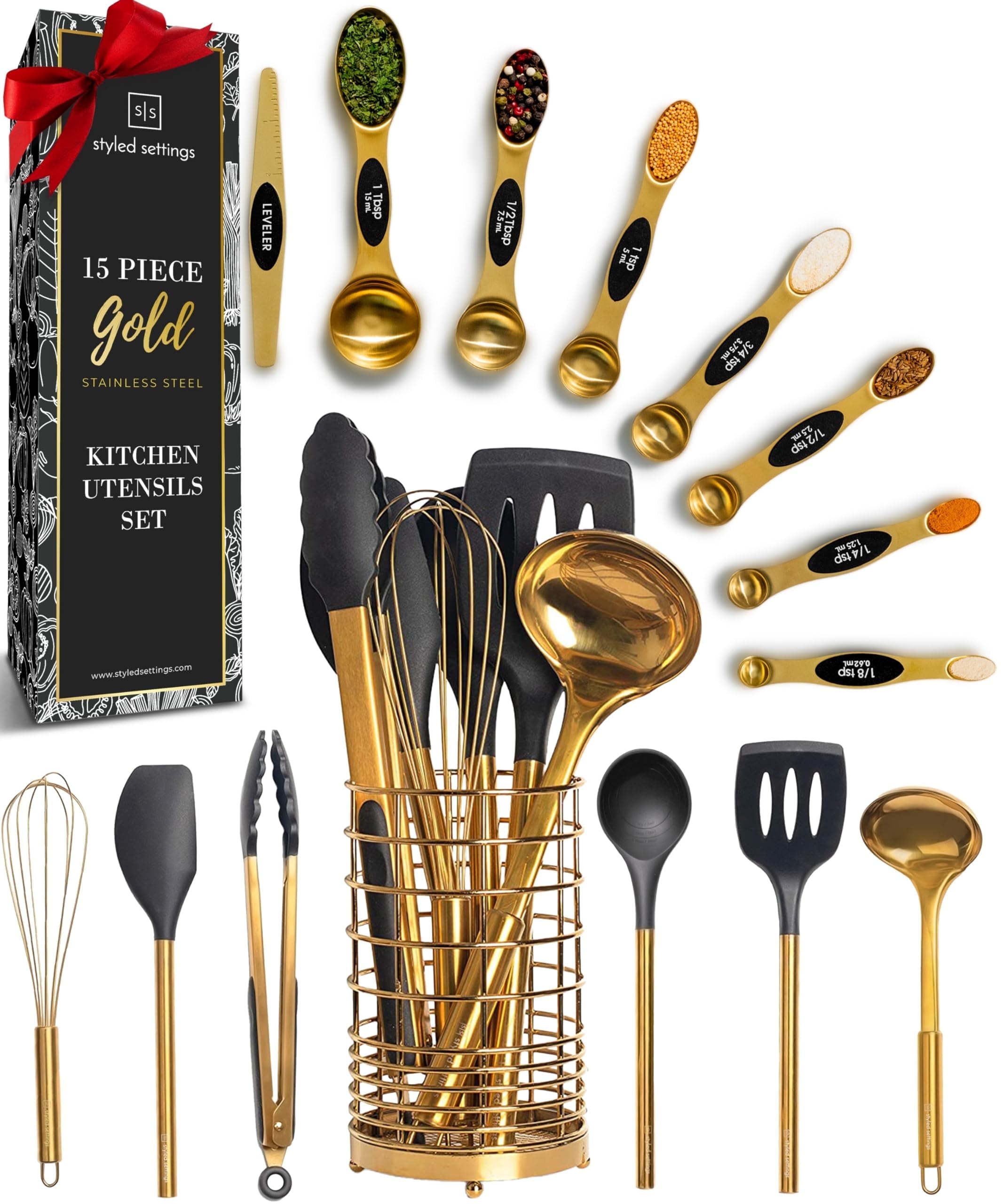 Styled Settings Black and Gold Kitchen Utensils Set - 15 Piece Set Includes Gold and Black Silicone Cooking Utensils with Gold Utensil Holder and Gold Magnetic Measuring Spoons - Gold Kitchen Set