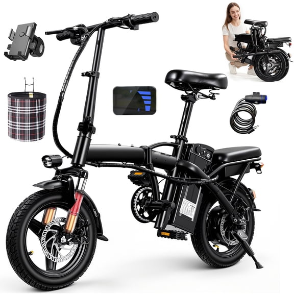 14 Inch Foldable Adult Electric Bicycle, 48V 10Ah 560W Motor, 3-Speed Gearing, Dual Spring Shock Absorbers, Front and Rear Led Safety Lights, Portable Design