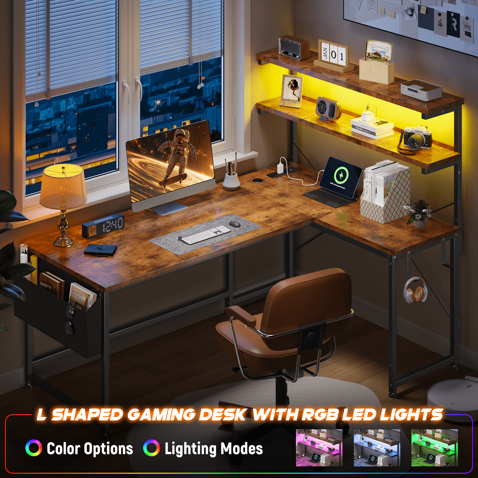 Romorgniz L Shaped Computer Desk with LED Lights & Power Outlet, Reversible 43.3"W Gaming Desk with Storage Shelf, Side Bag, Hooks for Home Office, Rustic Brown