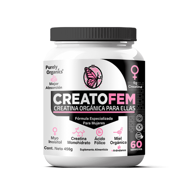 Creatina para mujeres Purely Organics Creatofem Con Myo Inositol Arándano y Vitamina B9 60 servicios