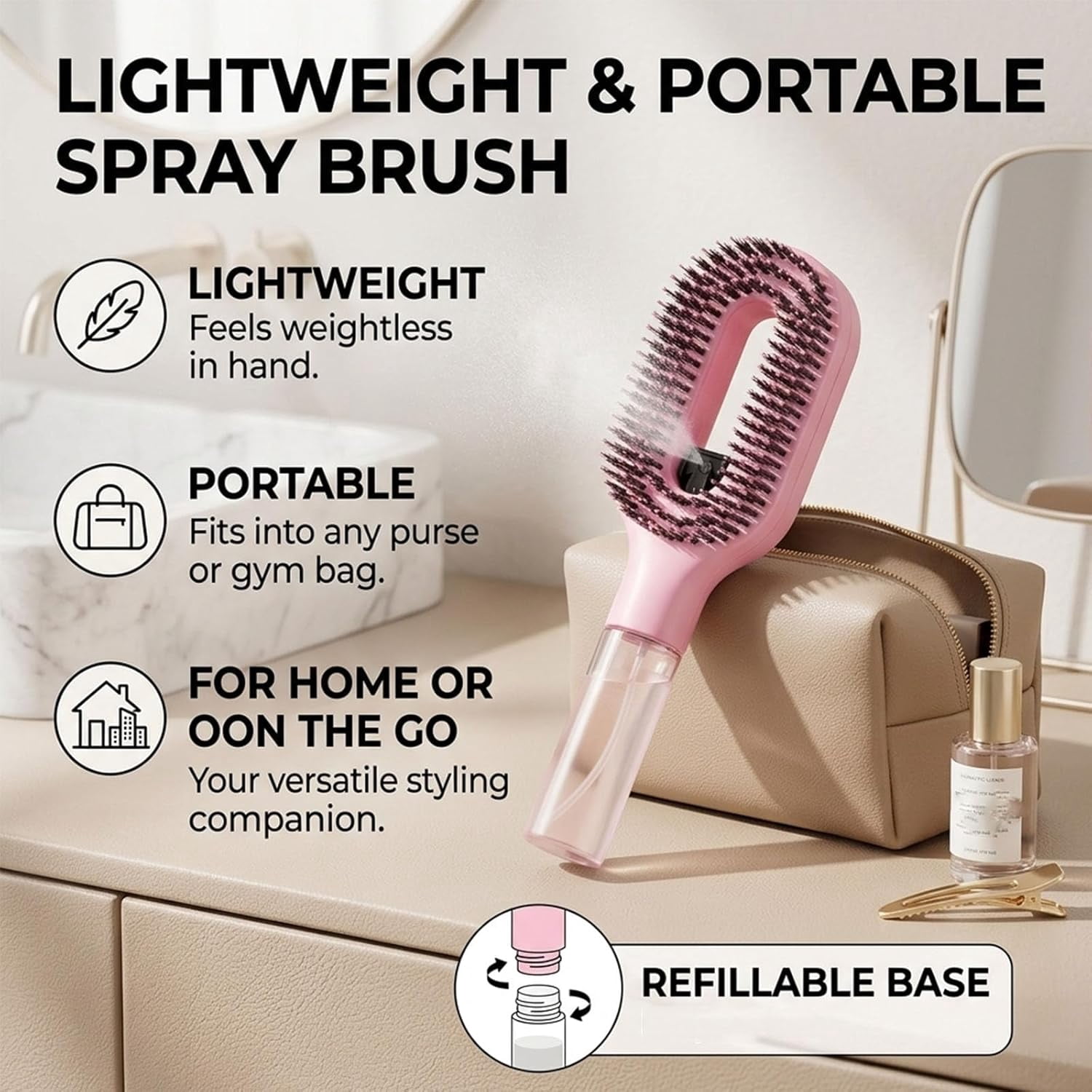 Hair Brush with Water Spray, 2-in-1 Detangling Spray Brush for Wet & Dry Hair, Hydrating Hairbrush Mister, Straight & Curly Hair Styling Comb (Black)