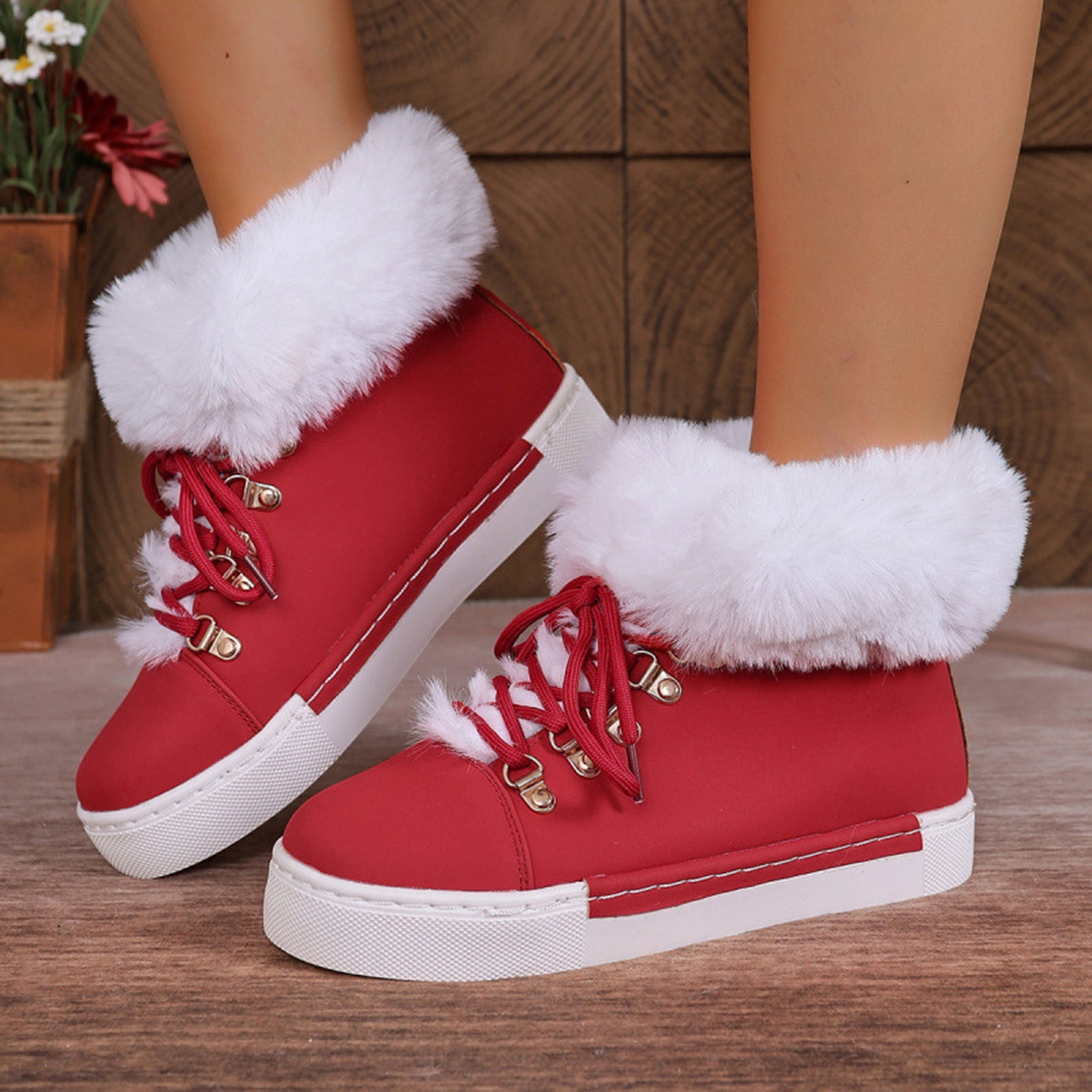 Dasayo Booties for Women Red Hiking Furry Ankle Flat Heel Faux Leather Lace up Winter Shoes Ladies Shoes 40
