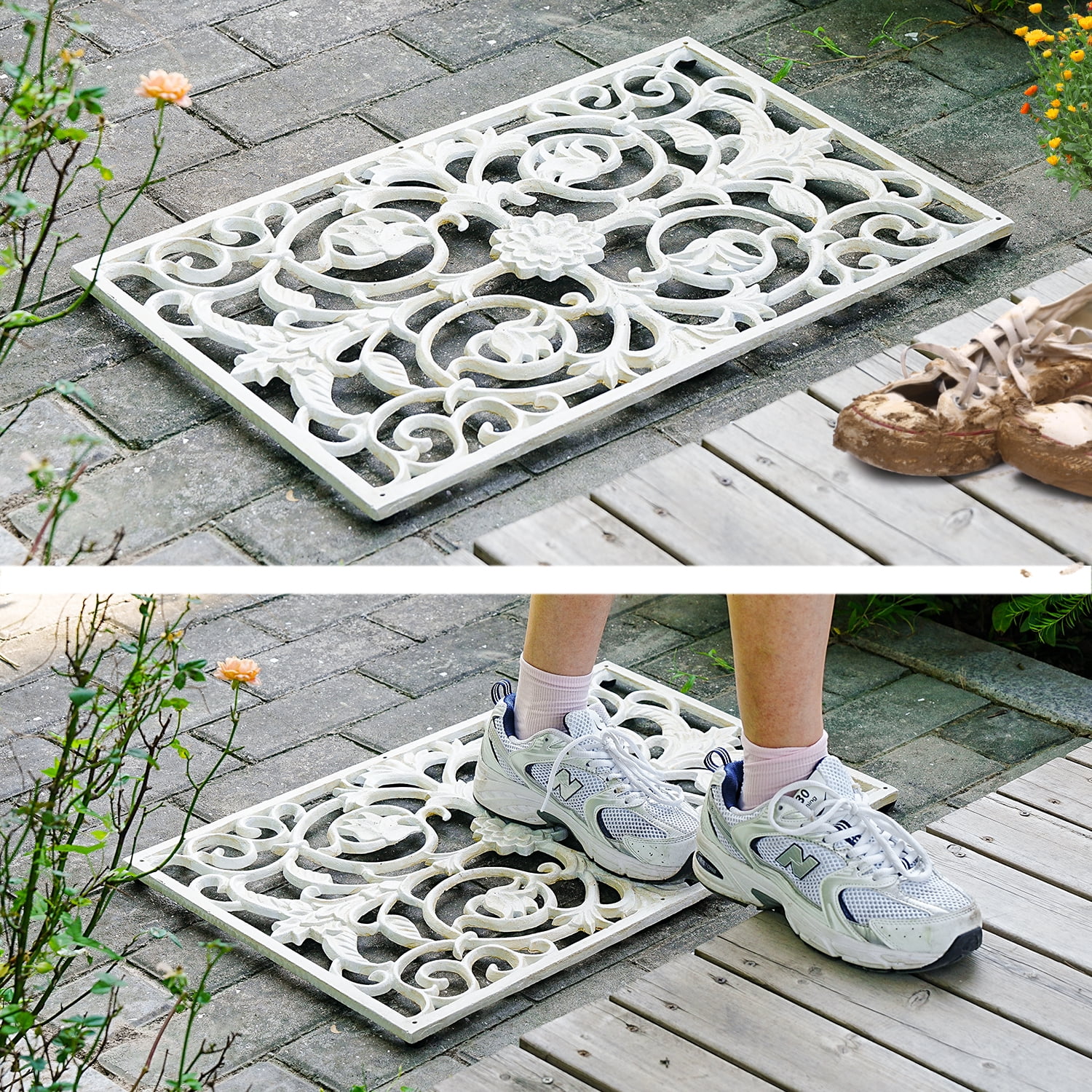 Sungmor Decorative Cast Iron Doormat, Heavy Duty Outdoor Entry Mat with Vintage Scroll Design, Weatherproof Non-Slip Metal Welcome Mat for Front Porch, Patio, Garden Entrance, Antique White Finish