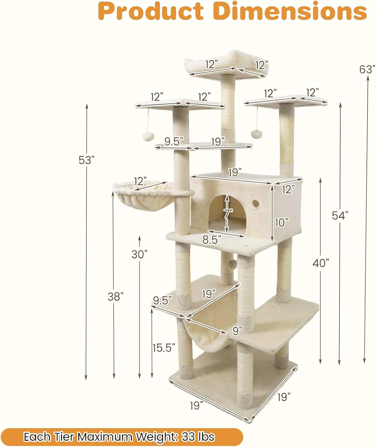 LEHOME Tall Cat Tree, 63 Inch Large Cat Tower with Sisal Scratching Posts, Plush Top Perch, Condo, Hammock, Basket Bed, Dangling Balls & Jumping Platforms for Indoor Cats Large Adult (Beige)
