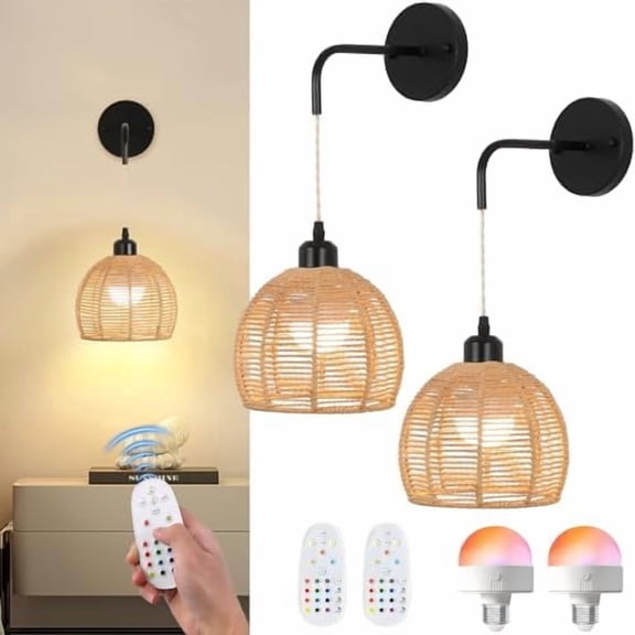 Boho Wall Sconce with Remote,Rattan Battery Operated Wall Sconces Set of 2,15 Colors Dimmable Wireless Wall Light Indoor,Rechargeable Battery Wall lamp for Bedroom, Living Room, Entryway