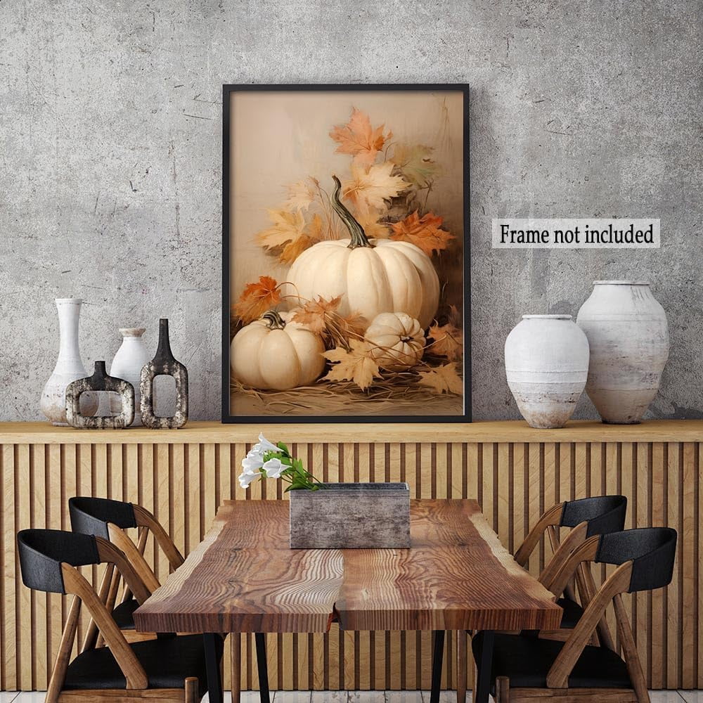 Farmhouse Fall Canvas Wall Art, White Pumpkin Still Life Painting Pictures, Rustic Farm Pumpkin Fall Leaves Posters, Halloween Thanksgiving Autumn Wall Print Decor 12X16in Unframed